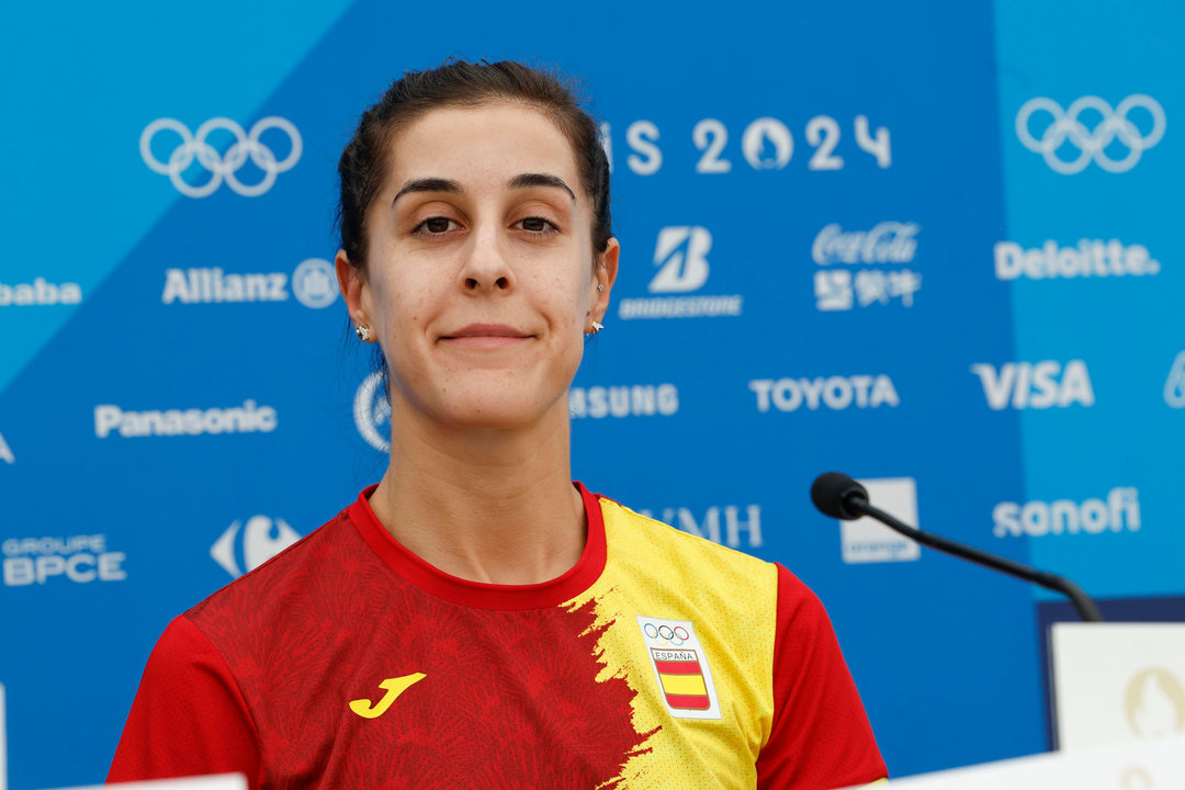 Carolina Marín, jugadora del equipo olímpico español de badminton, ofrece una rueda de prensa de cara a su participación en los Juegos Olímpicos de París 2024. EFE/ Chema Moya