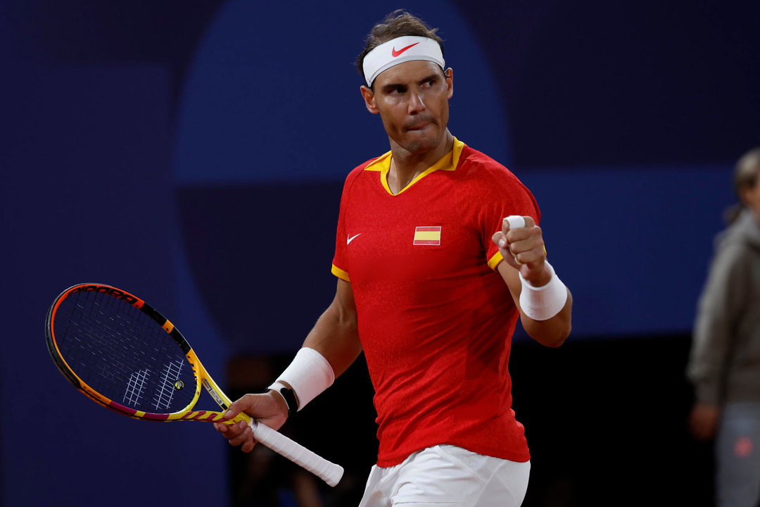 El español Rafa Nadal durante el partido de dobles de este sábado. EFE/ Juanjo Martín